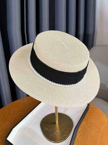 1pc Women Straw Hat, Casual Bohemian Street Elegant French Flat Top Hat, Suitable For Summer Elegant Pearl Straw Beach Sun Hat, Ideal For Gatherings, Outings, Outdoor Use - Multicolor - View 8
