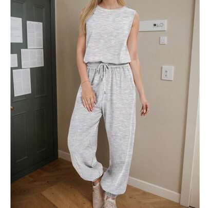 Jumpsuits For Women,Women's Sports Casual Sleeveless Round Neck Waist Drawstring Jumpsuit Cuffs Jumpsuit With Pockets