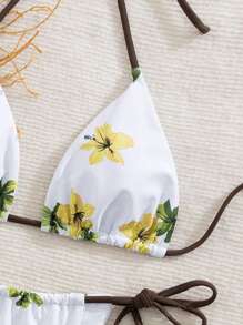 2 pezzi Bikini da donna con parte superiore a collo alto e stampa, e pantaloncini da bagno con lacci ai lati e vita bassa