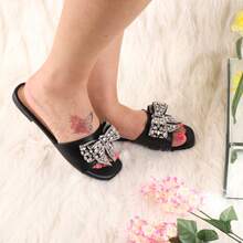 JUDY-35 WOMAN SANDALS OPEN TOE SLIP ON FLAT HEEL ONE STRAP RHINESTONE EMBELLISHED BOW DESIGN - 黑色 - 查看 3