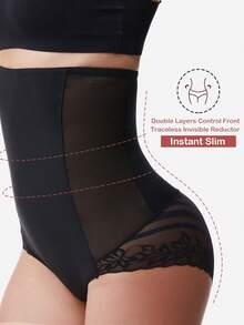 女士高腰蕾丝边塑身衣、收腹网眼内衣、压缩运动胸罩、提拉塑身提臀器、鱼网无缝塑身短裤 - 黑色 - 查看 2