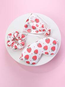 1set Strawberry Printed Hair Scrunchie, Eye Mask, & Storage Bag, Polyester Fabric, Cute Accessory Set For Daily Use - Rose Red - View 3