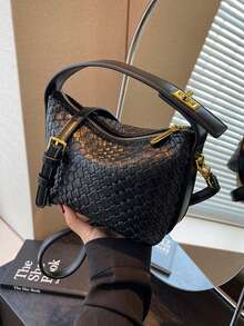 PU Faux Snake Skin Textured Tote Bag For Women, Simple Design, Versatile - Black - View 7