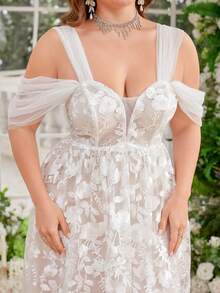 UNITHORSE 露肩刺绣流苏装饰褶皱前片透明白色加大码婚纱礼服，新娘全白派对装女士