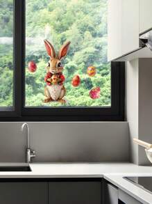 1 pieza Pegatinas de ventana con diseños de conejo de Pascua y huevos de colores, pegatinas de PVC con pintura electrostática de doble cara, diseño de lindo conejo de dibujos animados, adecuado para decoración del hogar de primavera
