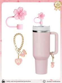 2pcs/Set Accessories For 30-40oz Cups, Pink Letter Cup Marker And Silicone Fuchsia Flower Straw Lid, Silicone Anti-Slip Protective Cover, Reusable 10mm Thick Straw Lid, Cute Letter Decor Fits Modern Minimalist Glass Cups, Back To School Supplies