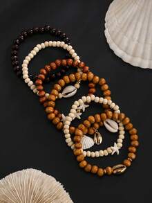 6pcs Boho Ocean Style Coconut Shell Beaded Bracelet Set, Starfish & Shell Pendant, Charming Jewelry For Men Beach Party Vacation