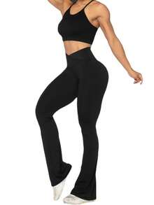 tooluck Womens Flare Leggings With Tummy Control Crossover Waist And Wide Leg Black - màu đen - Xem 2