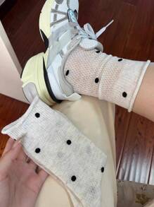 3 Pairs Women Summer Thin Polka Dot Net Yarn Breathable Cuff Rolled Short Socks, Korean Style
