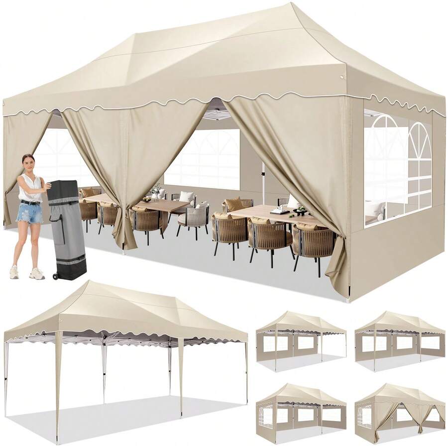 CAROMA Pavilion 3x6 Folding Pavilion 3x6 Waterproof Stable, Party Tent Foldable Anti-UV 50+ Pop Up Garden Pavilion With 6 Sidewalls, 4 Sandbags, Bag With Wheels, For Weddings Parties Market