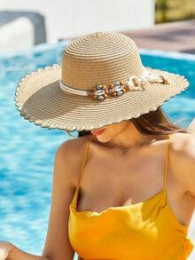 1pc Decorative Sun Hat, Outdoor Travel Party Beach Hat - Khaki - View 1