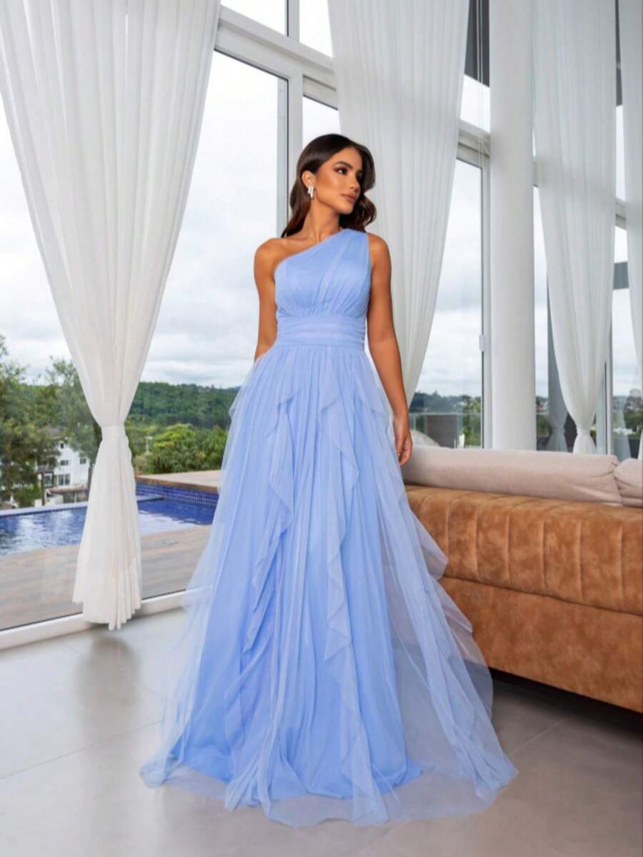 One-Shoulder Layered Bridesmaid Prom Dress - Serenity Blue - View 1