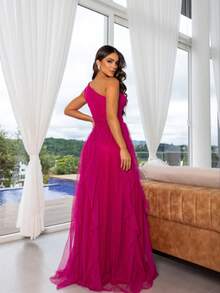 One-Shoulder Layered Bridesmaid Prom Dress - Màu Hoa hồng đỏ - Xem 4