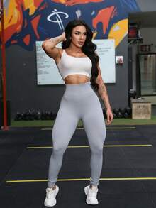 Sport Studio Seamless High Waisted Shapewear Leggings In Solid Color - Màu Xám nhạt - Xem 5