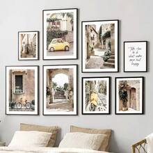 1 pieza/3 piezas de arte de pared, pósters, decoración del hogar, arte de paisaje mediterráneo retro con automóvil, plantas y citas, pintura en lienzo y pósteres impresos sin marco/con marco - Multicolor - Ver 2
