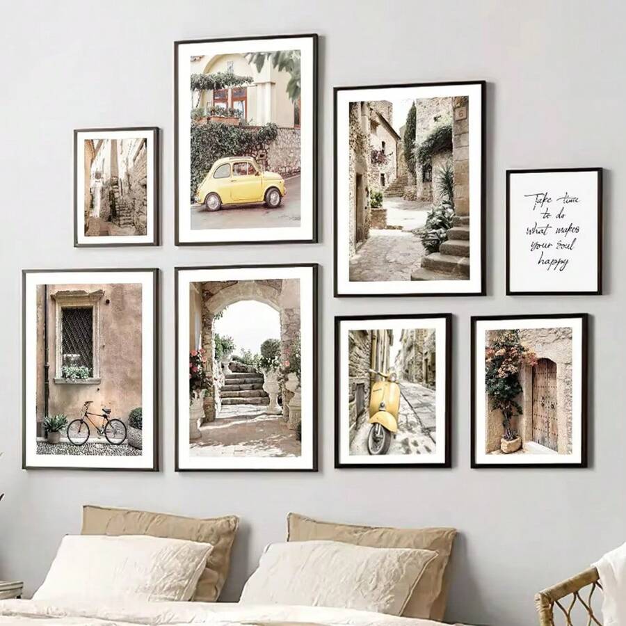 1 pieza/3 piezas de arte de pared, pósters, decoración del hogar, arte de paisaje mediterráneo retro con automóvil, plantas y citas, pintura en lienzo y pósteres impresos sin marco/con marco