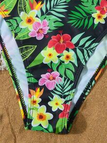 Summer Newest Floral Print Halter Tie Up Sexy Bikini Set - Multicolor - View 5