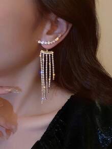 1 Pair Women's Elegant Versatile Wedding Long Tassel Fully Rhinestone Earrings