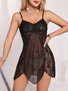 Solid Color Side Lace Sexy Cami Long Nightgown - Black - View 4
