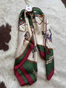 1pc Women's Luxury Fashion Chain Cart Bicolor Print Bandana Scarf, Breathable UV Protection Satin Headscarf, Suitable For Daily Wear