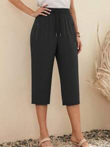 Schnelltrocknende Damen Capri Hose mit Reißverschlusstaschen, bequeme und atmungsaktive Sporthose