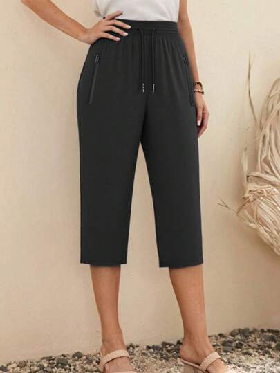 Quick-Dry Women's Zipper Pocket Capri Pants, Comfortable And Breathable Sports Trousers