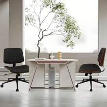 CLATINA Armless Home Office Chair, Desk Chair With Wheels, Adjustable Height Reading Chair, Leather Mid Back & Swivel Computer Chair, Modern Walnut Chair With Back For Studio Meeting Room(Black)