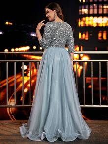 XUIBOL Plus Sequin Insert Mesh Overlay Formal Dress Elegant Prom Evening Wedding Guest Gown, For Graduation, Dinner - Dusty Blue - View 3