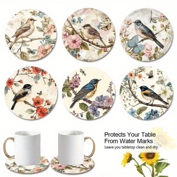 Set aus 6 Holzuntersetzern im Aquarellillustrationsstil mit Blumen- und Vogelmuster, frisch, elegant und einzigartig, natürliche Atmosphäre, 10*10cm, Küchenhelfer, Küchendekoration, Feriengrundlagen, Hochzeitstischdekoration, Schlafzimmerdekoration, Schlafzimmerkollektion, Raumdekoration, Gartendekoration, Vatertags-Geschenk, Abschlussgeschenk, Untersetzer-Set, Getränk-Untersetzer, Untersetzer für Tassen Zuhause, Schulanfang