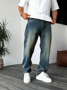 男士复古浅蓝色直筒洗水牛仔裤，高端简约百搭纽扣拉链休闲裤，四季皆宜