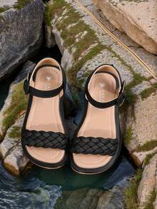 女童凉鞋夏季2025新款儿童编织鞋软底幼儿沙滩鞋中大童鞋 - 黑色 - 查看 5