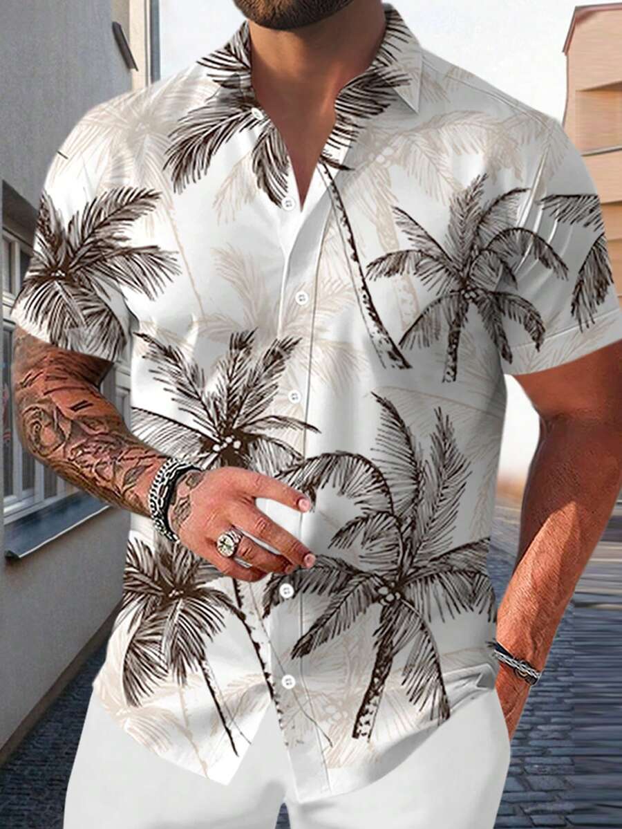 Men's New Summer Tropical Plant Palm Tree Print Casual Vacation Short Sleeve Shirt - White - View 1