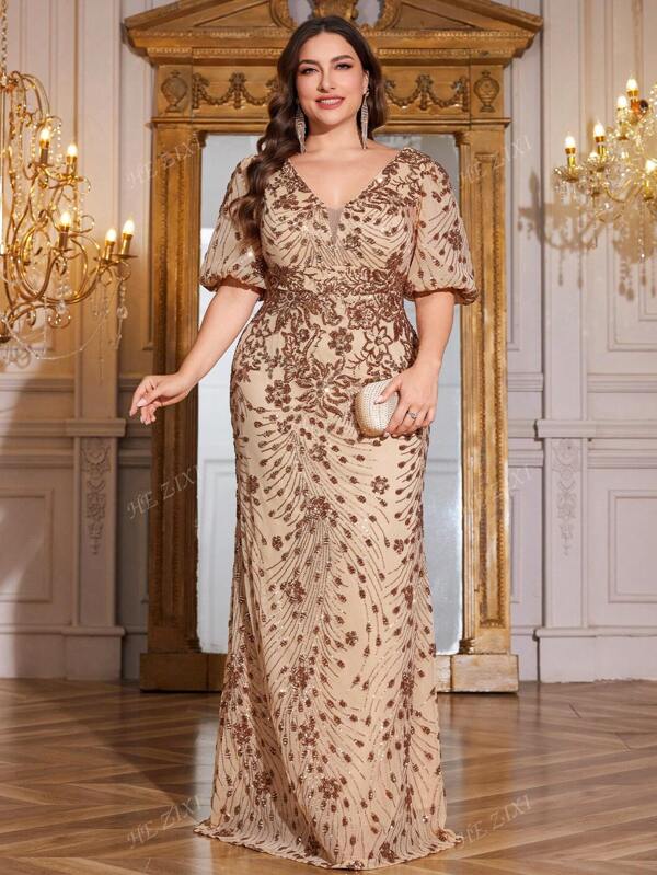 hezixi Plus Size Women's High-Quality Elastic Sequined Fitted V-Neck Lantern Sleeve Elegant Formal Gown Dress For Party, Wedding, Formal Dinner (Heavily Embellished)