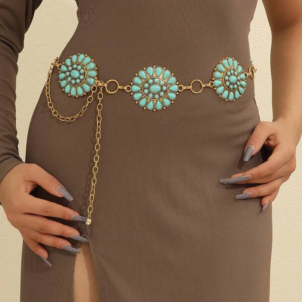 سلسلة خصر فاخرة على الطراز الصيني التقليدي، سلسلة معدنية سبيكة مرصعة بالفيروز، ذات طراز فاخر وفاخر