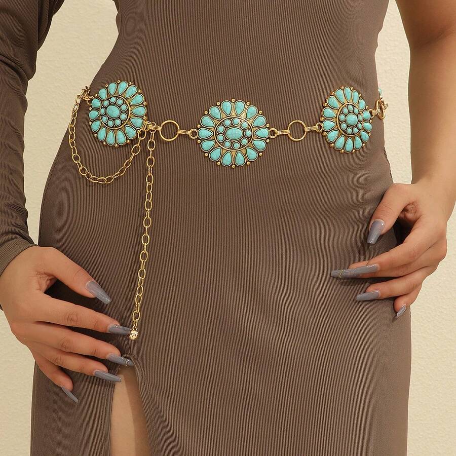 Vintage Waist Chain, Turquoise Inlaid Metal Alloy Chain, High-End Luxury Chinese Retro Style Dress Waist Chain - Gold - View 1