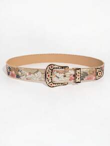1pc Women's Gem Carved Buckle Multi-Color Palace Style Floral Embroidered PU Leather Belt Summer, School Fall, Autumn, Halloween - Multicolor Embroidered Floral Print - View 3