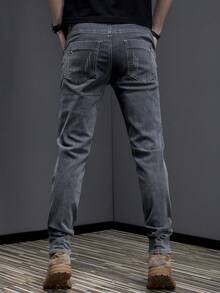 男式水洗做旧猫抓弹力紧身牛仔裤 - 灰色 - 查看 3