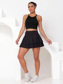 Short Skirt Ruffle Double Layer Fitness Gym Dance Running High Waist Suplex WOLFOX - màu đen - Xem 8