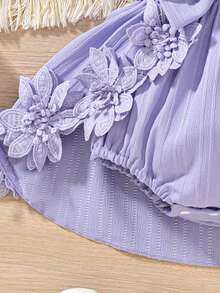 Newborn Baby Girl's Summer Romper Set  Ruffle Sleeveless Dress + Matching Headband  Breathable Cotton Outfit - Purple - View 8