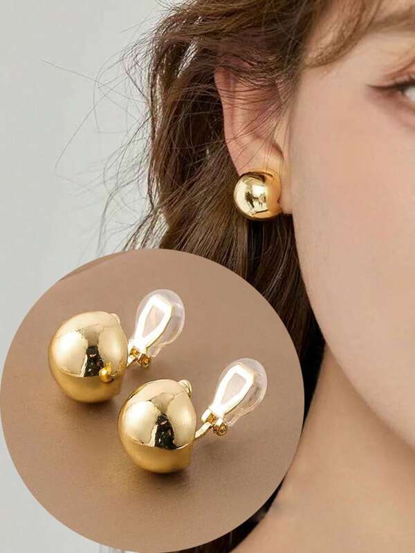 1 Pair Fashionable Metallic Round Ball Copper Clip-On Earrings For Women, Shiny Sophisticated Minimal Jewelry Suitable For Daily Wear And Holiday Gifts