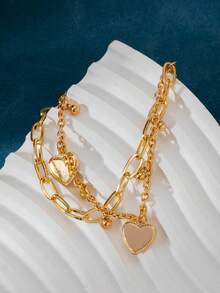 1pc Vintage Double-Layer Heart Shaped Chain Bracelet, Fashion Hip-Hop Style Beaded Chain Bracelet/Anklet, Gift For Friends, Valentine's Day Gift
