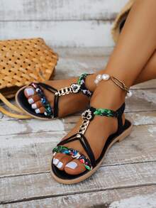 WRCVS Women's Beige Cross Strap Flat Sandals, Open Toe Lightweight Slip-On Casual Shoes, Anti-Skid Vacation Beach Shoes With Random Woven Floral Retro Pattern And Tassel - Black - View 4