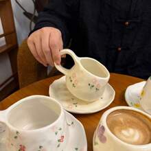 1 pieza Juego de taza de café y platillo de cerámica vintage hecho a mano, taza y plato con pintura a mano estilo coreano Ins, adecuado para mug de latte y plato de postre, excelente para San Valentín, Día de la Madre, regalo conmemorativo de pareja, regalo de graduación de vuelta a la escuela