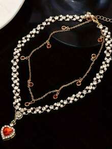 1 件时尚波西米亚风格红色心形仿珍珠双层项链，优雅高端感觉链条适合女性日常佩戴（手工链条按长度剪裁，未指定小吊坠数量） - 紅色 - 查看 2