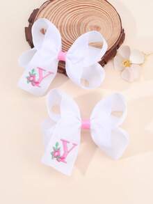 2 piezas Clips para el cabello con bordado floral lindo de 26 letras y lazo, accesorios para el cabello tipo pato para niñas, adecuados para decoración diaria - Multicolor - Ver 27