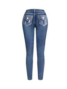 Plus Size Solid Color Washed Cat Beard Pattern Fake Flip Hole Personality Back Pocket Imitation Old Jeans Ladies High Waist Slim Version Commuter Joker Four Seasons Plus Size Jeans. - 淺色水洗藍 - 查看 6
