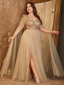 SUPGIR Plus Size V-Neck Extra Long Mesh Sleeve Luxury Beaded Patchwork Decorated Slit Hem Evening Party Dress,Gown,Formal,Wedding Guest, Fall Women Clothes - Champagne - View 1