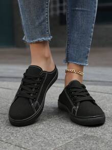 Women's Solid Canvas Slippers, Platform Round Toe All-Match Lace Up Breathable Slip On Shoes, Women's Footwear