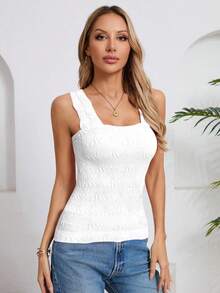 Women European&American Style Seamless High Elastic Jacquard Casual Sports Vest, Crew Neck, Sleeveless, Yoga Top - White - View 5