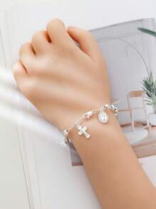 Pulseira Exquisita da Cruz da Virgem Maria em Prata